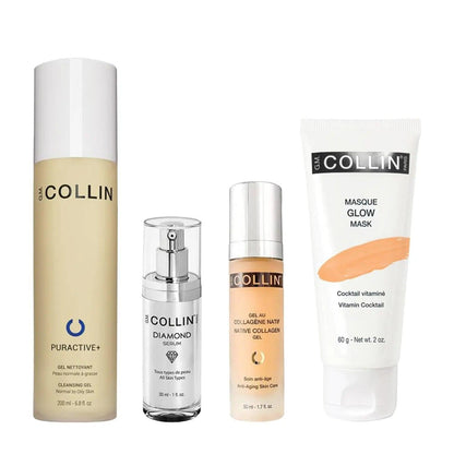 Brightening bundle for normal/combination skin including Puractive+ Cleansing Gel, Diamond Serum, Native Collagen Gel, and Glow Mask.