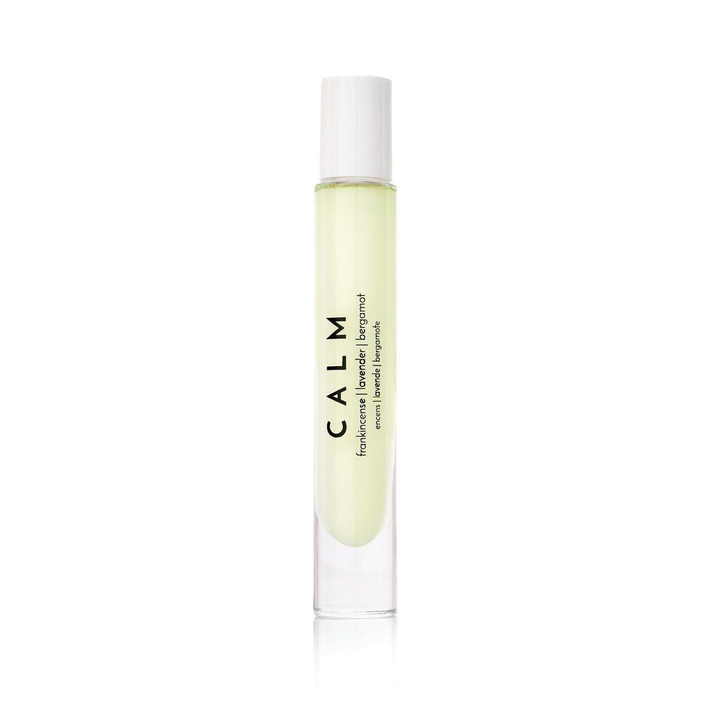 "CALM essential oil roller, eucalyptus and lemongrass blend, stress relief aromatherapy in clear glass bottle"
