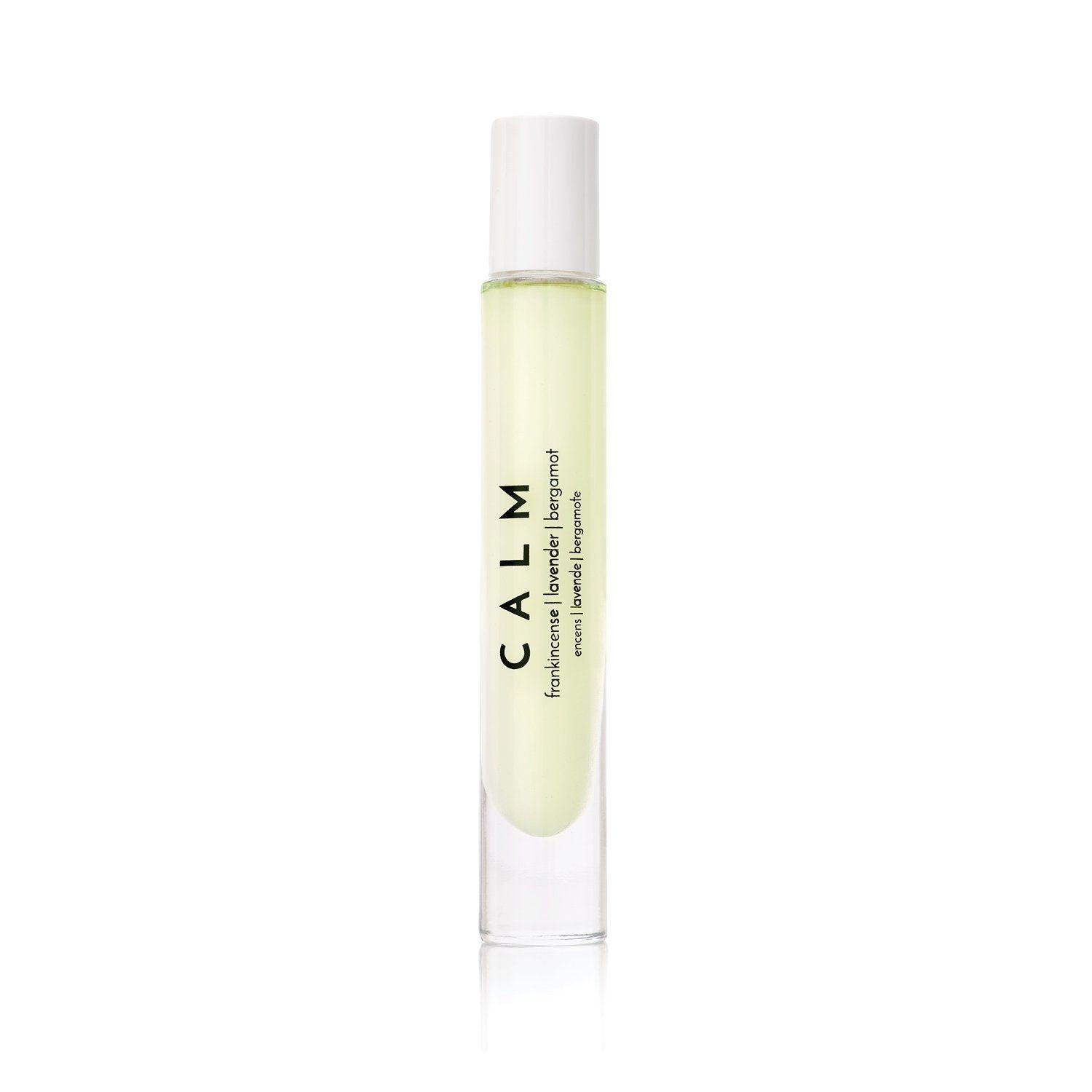 "CALM essential oil roller, eucalyptus and lemongrass blend, stress relief aromatherapy in clear glass bottle"
