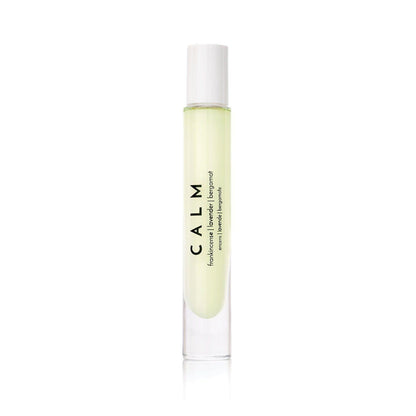 "CALM essential oil roller, eucalyptus and lemongrass blend, stress relief aromatherapy in clear glass bottle"