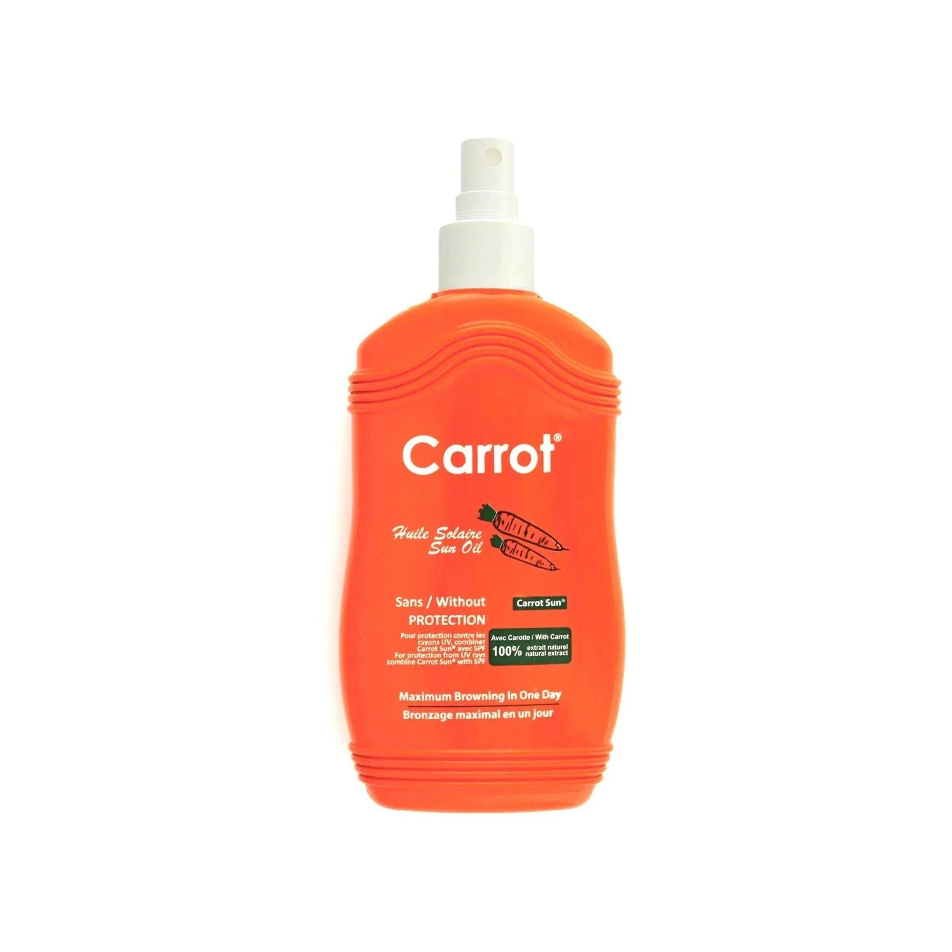 Carrot Spray Oil 200ml bottle, designed for rapid tanning and enhancing natural sun-kissed glow.