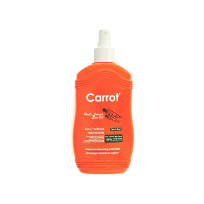 Carrot Spray Oil 200ml bottle, designed for rapid tanning and enhancing natural sun-kissed glow.