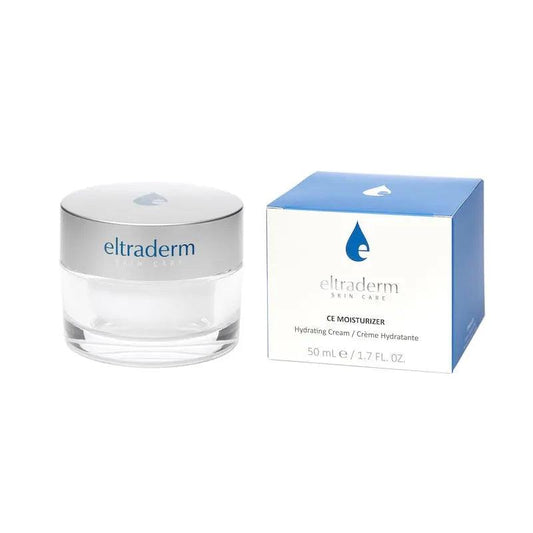 CE Moisturizer by Eltrader, hydrating cream in a glass jar with blue and white packaging, 50 ml size.