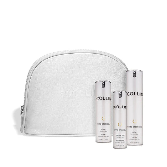 aCOLLIN Cell-ebration Time anti-aging set with serums and cream in a vegan leather white pouch.