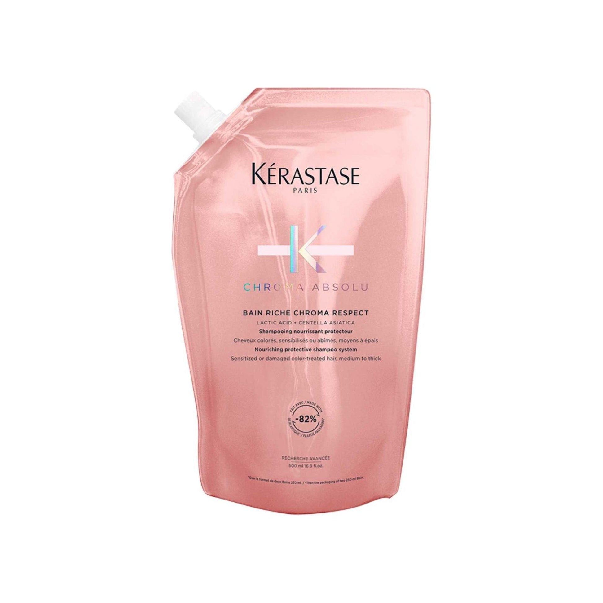 Kérastase Chroma Absolu Bain Riche Chroma Respect shampoo refill pouch made from 82% recycled plastic.