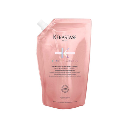 Kérastase Chroma Absolu Bain Riche Chroma Respect shampoo refill pouch made from 82% recycled plastic.