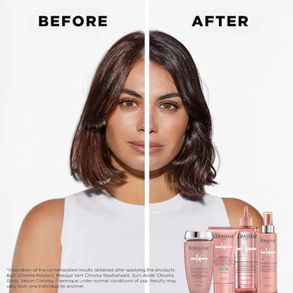 Hair transformation before and after using Kerastase hair products for shine and smoothness.