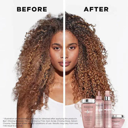 Before and after image showing hair transformation using Kerastase products for frizzy and curly hair.