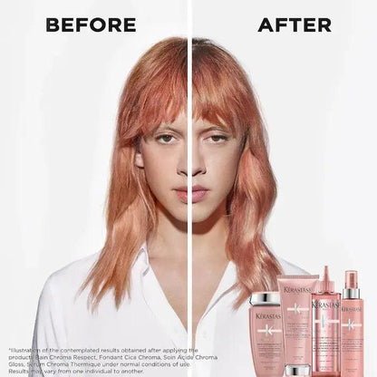 Before and after photo of woman using Kerastase Chroma Respect products for improved hair color and shine