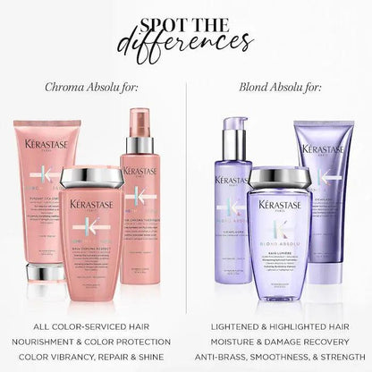 Kerastase Chroma Absolu for color-serviced hair and Blond Absolu for lightened hair, highlighting differences in hair care products.