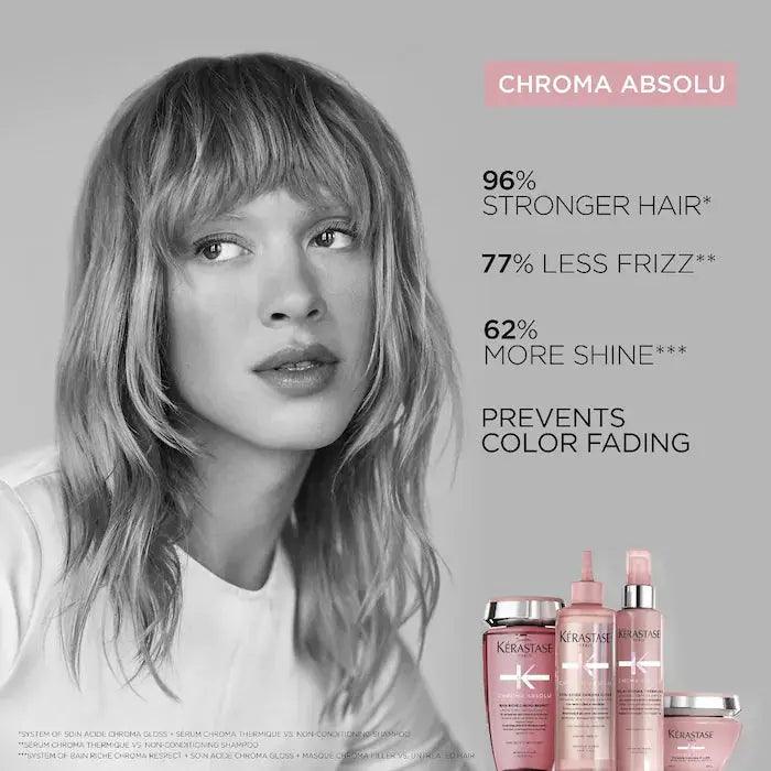 Kerastase Chroma Absolu hair care products for stronger hair, less frizz, more shine, and color protection, featuring woman with highlighted hair.