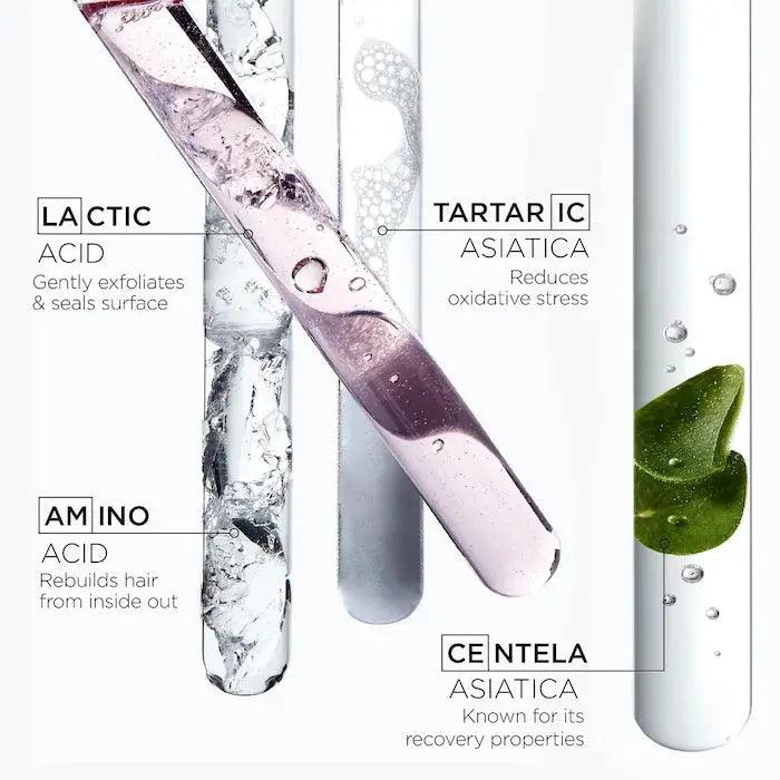 Skincare active ingredients: lactic acid exfoliates, tartaric acid reduces oxidative stress, amino acid rebuilds hair, centella asiatica aids recovery.