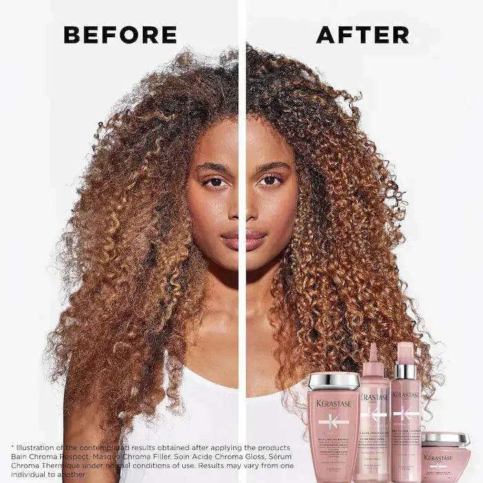 Before and after results using Kerastase hair care products, showing transformation of curly hair from frizzy to smooth and defined.