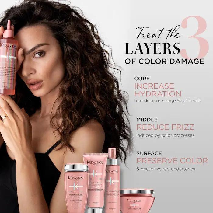 Woman holding haircare product with text highlighting steps to treat color damage: increase hydration, reduce frizz, and preserve color.