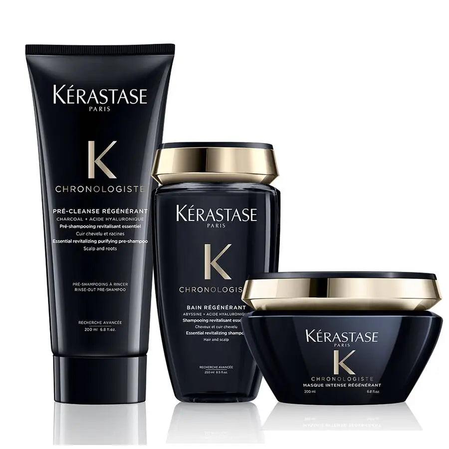 Kerastase Chronologiste hair care products including pre-cleanse, shampoo, and hair mask for rejuvenating scalp and strands.
