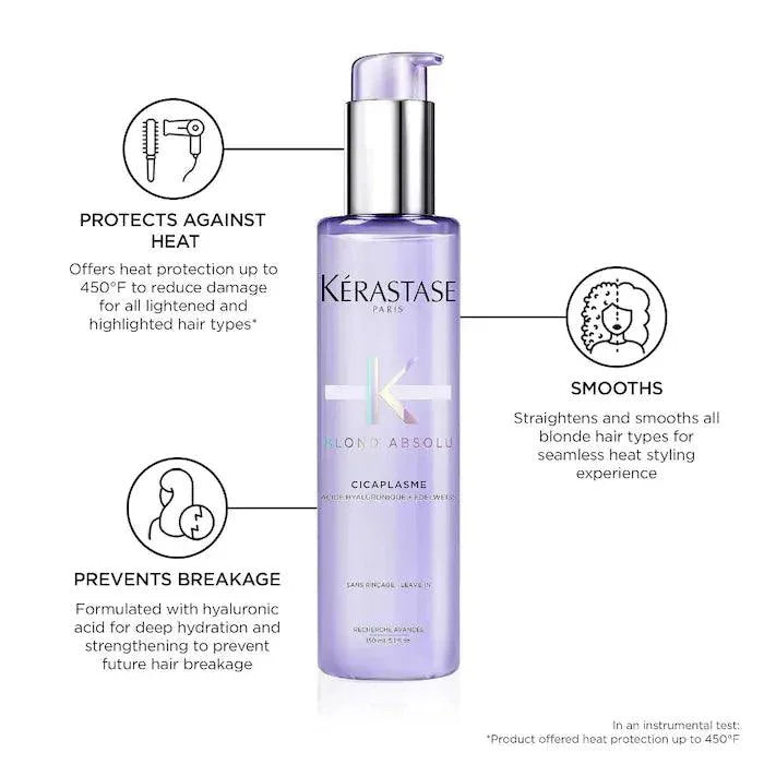 Kérastase Blond Absolu Cicaplasme protects against heat, smooths hair, and prevents breakage with hyaluronic acid, ideal for blonde hair types.