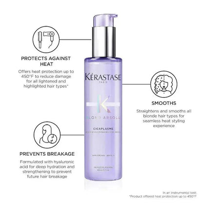 Kérastase Blond Absolu Cicaplasme protects against heat, smooths hair, and prevents breakage with hyaluronic acid, ideal for blonde hair types.