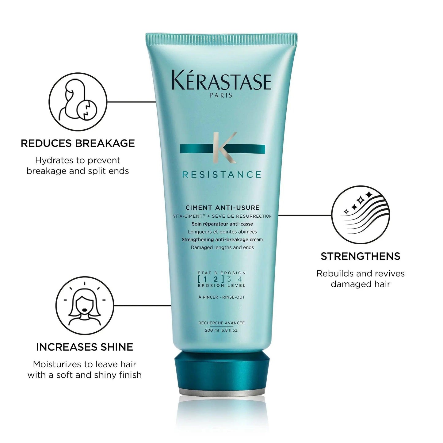 Kérastase Resistance Ciment Anti-Usure Treatment Cream reduces breakage, strengthens, and increases shine for damaged hair.