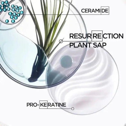 Skincare ingredients including ceramide, resurrection plant sap, and pro-keratine for skin rejuvenation and hydration.