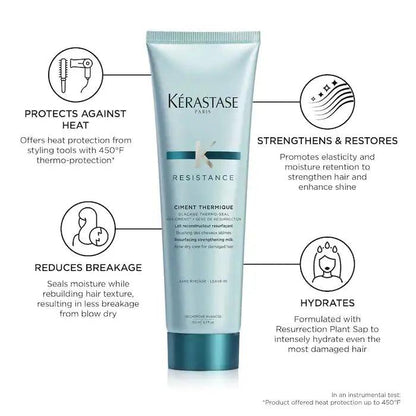 Kerastase Resistance Ciment Thermique heat protectant cream for hair, reduces breakage, strengthens, restores, and hydrates for enhanced shine.