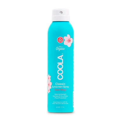 Classic Body Organic Sunscreen Spray SPF 50 in Guava Mango scent, lightweight and water-resistant for sun protection.