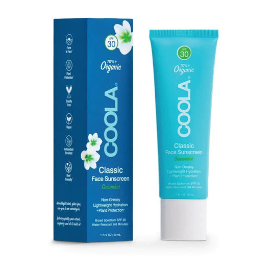 Classic Face Organic Sunscreen Lotion SPF 30 in cucumber scent, offering lightweight hydration and broad spectrum UV protection.