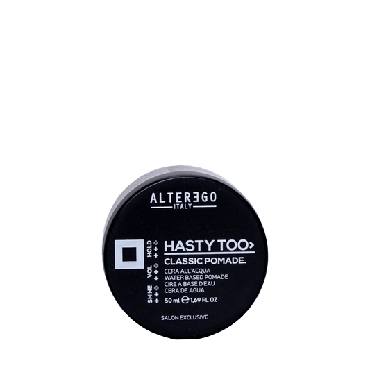 Classic Pomade by Alter Ego Italy in a sleek black container, ideal for sculpting and defining creative hairstyles.