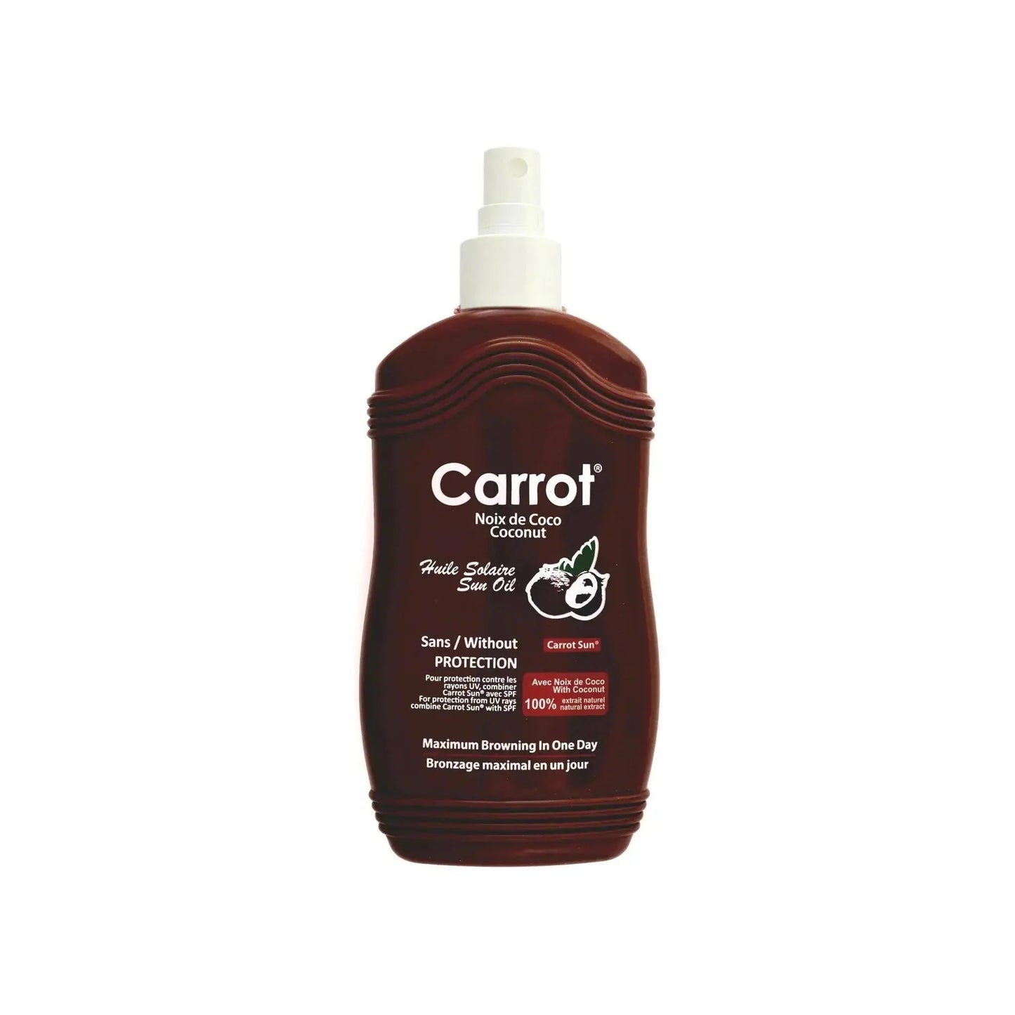 Carrot Coconut Sun Oil spray bottle for maximum tanning, 200ml, featuring coconut and carrot for enhanced bronzing.