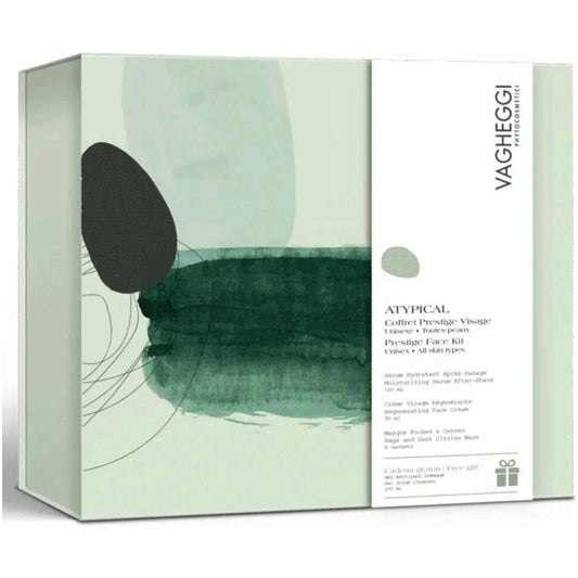 Atypical unisex skincare gift set featuring hydrating serum, face cream, and dark circle treatment sachets.