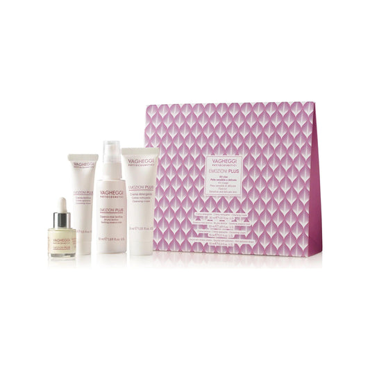 Coffret Découverte Emozioni Plus with skincare products for sensitive, reactive skin in elegant packaging.