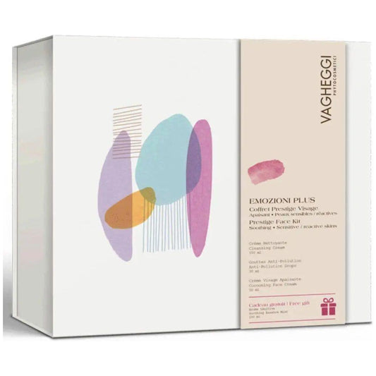 Coffret Emozioni Plus by Vagheggi, skincare set for sensitive/reactive skin with cleaning cream, drops, and face cream.