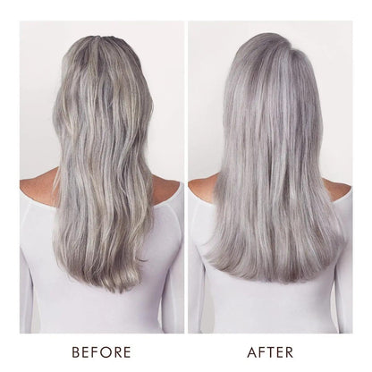 Before and after using Moroccanoil Color Continue Shampoo, showcasing vibrant, healthy gray hair transformation.