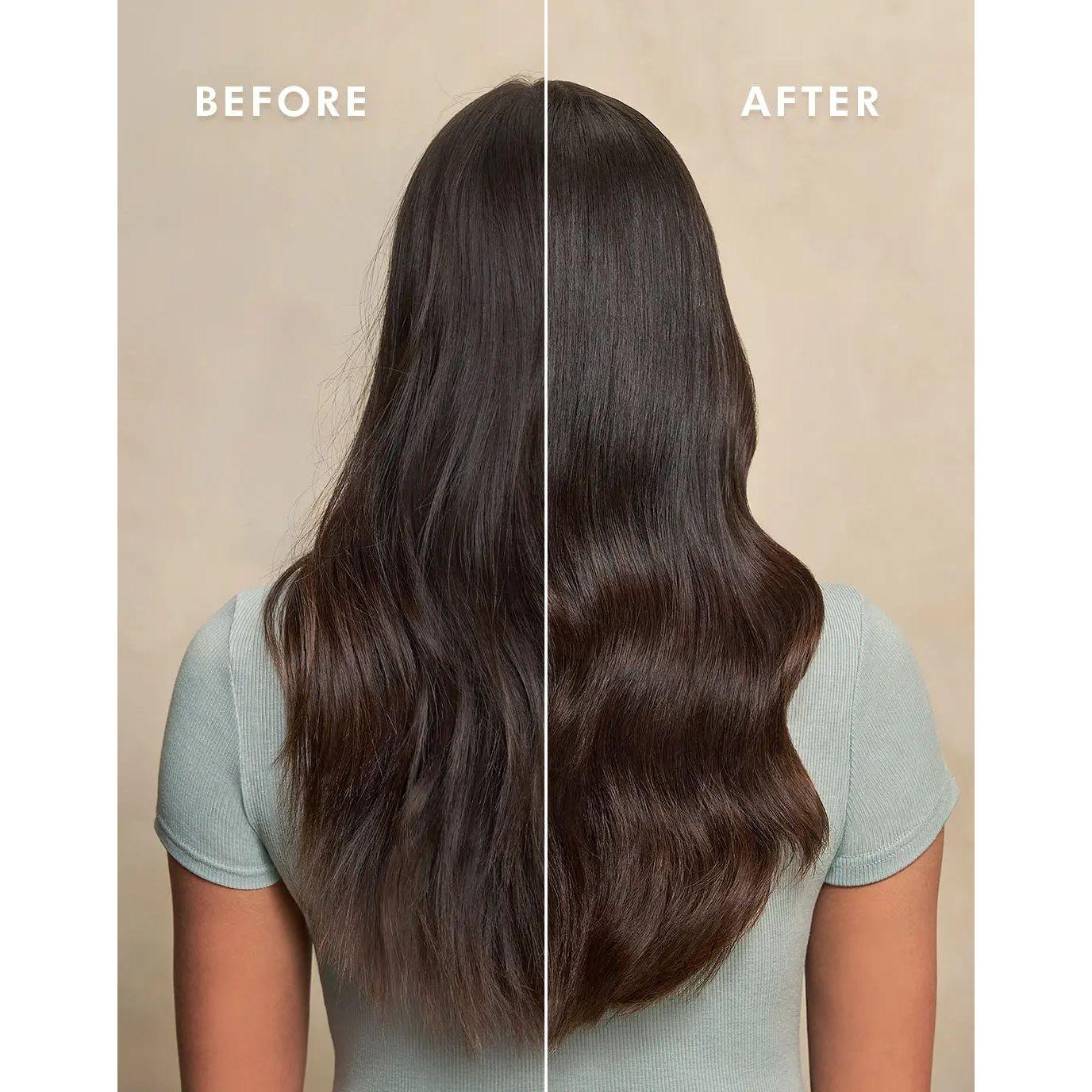 Before and after using Moroccanoil Color Depositing Mask, showing enhanced hair color and shine.