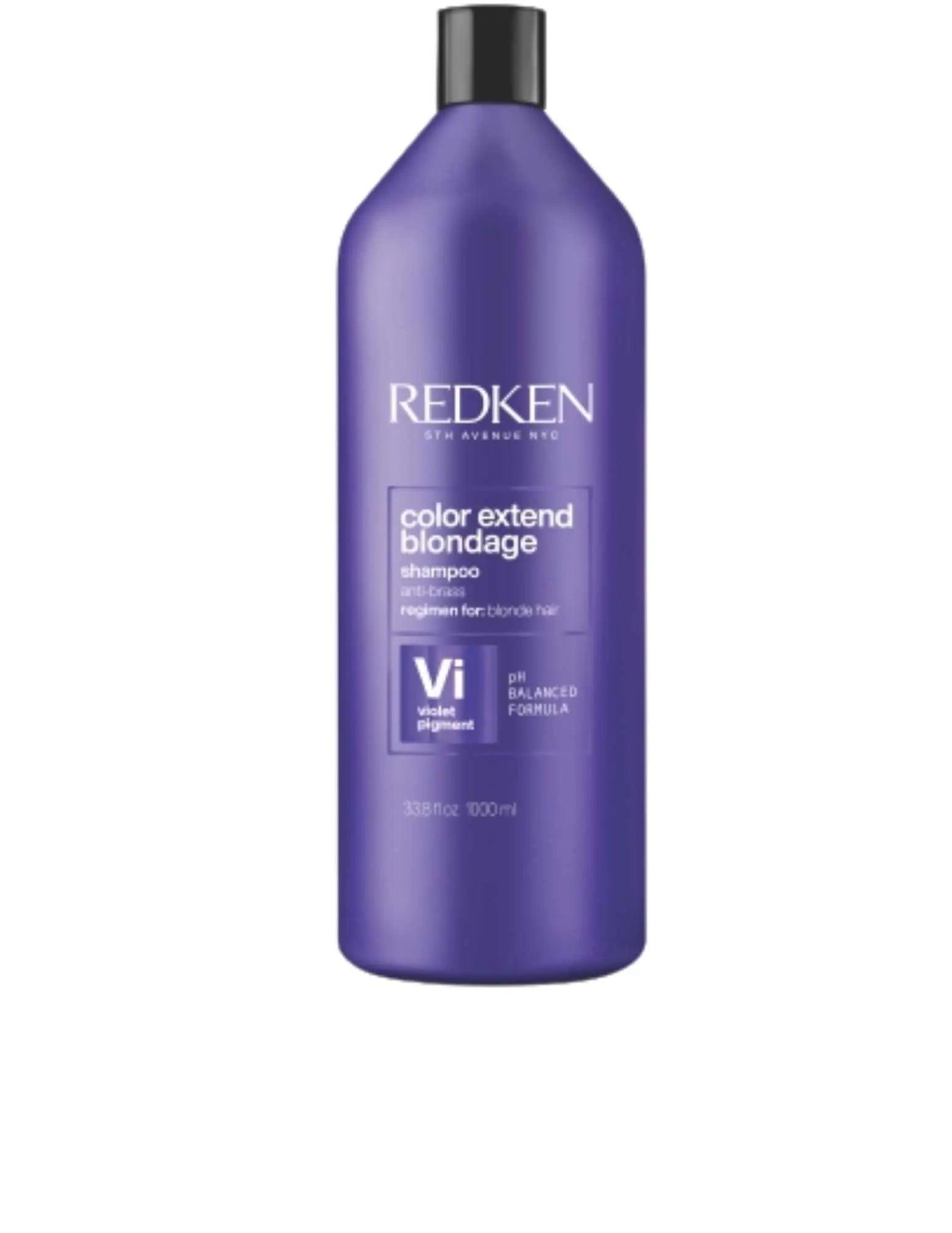 Redken Color Extend Blondage Shampoo 1L, purple bottle for enhancing blonde and highlighted hair, neutralizes brassiness.