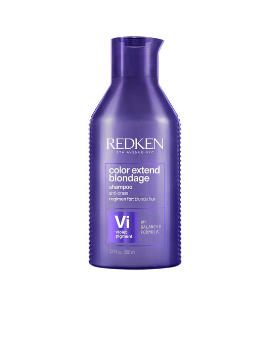 Redken Color Extend Blondage Shampoo bottle, purple toning shampoo for neutralizing brassy tones in blonde hair.