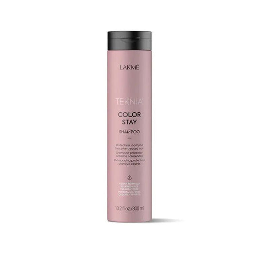 Lakme Teknia Color Stay Shampoo bottle, sulfate-free formula for vibrant, long-lasting hair color protection.