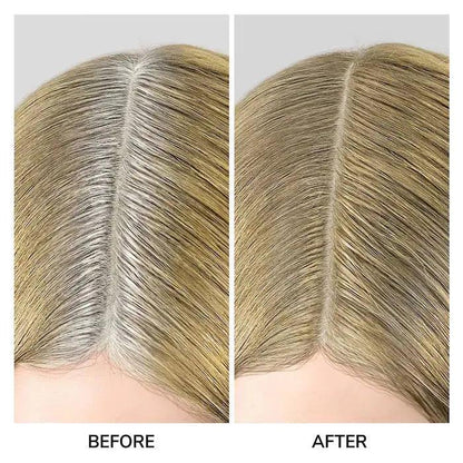 Before and after images showing gray roots covered by Color Wow Root Coverup Powder for seamless hair enhancement.