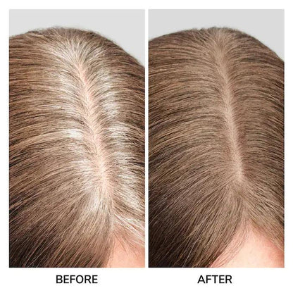 Before and after comparison showing Color Wow Root Coverup Powder effectiveness in covering gray hair.