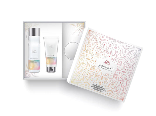 Colormotion+ Trio hair care gift set featuring shampoo, conditioner, and mask for color-treated hair protection and shine.