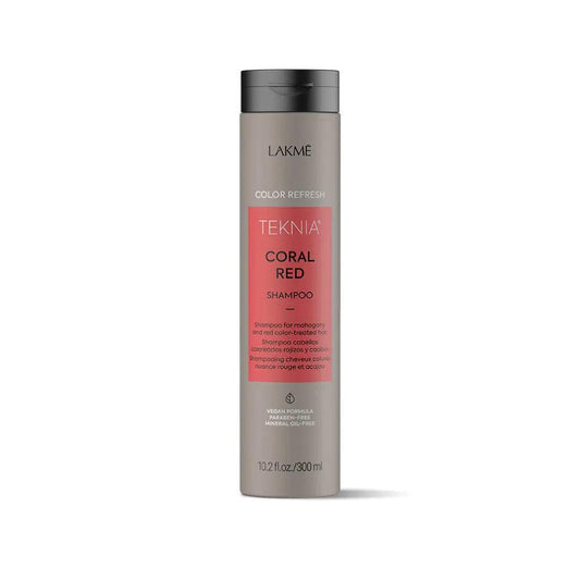 LAKME Teknia Coral Red Shampoo bottle for vibrant color and softness with citrus fragrance and organic red algae.