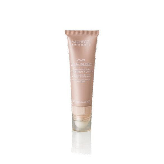Delay Infinity Eye and Lip Contour Cream in a 30ml tube, enriched with nourishing oils and hyaluronic acid for smoother skin.