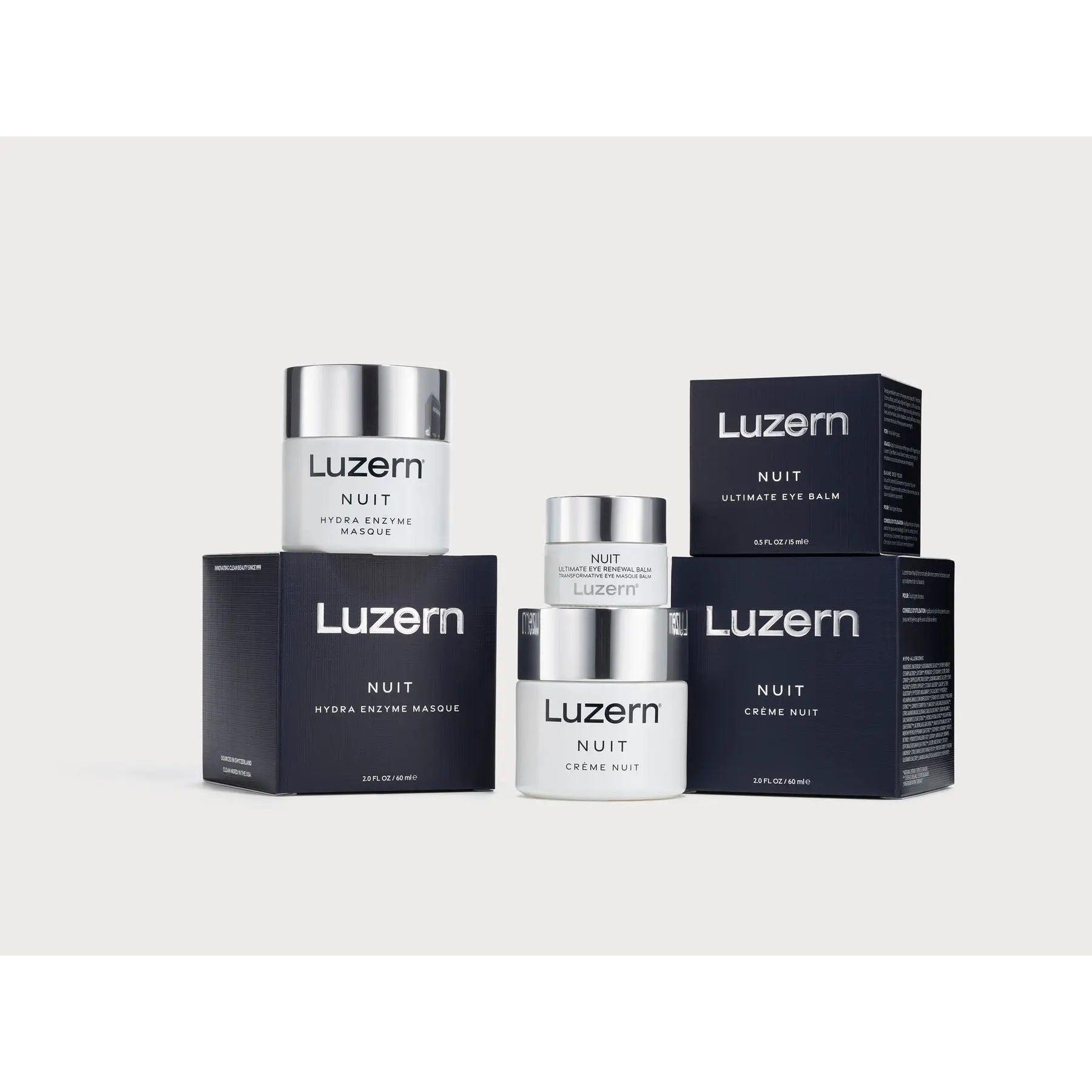 Luzern Nuit skincare products including Crème Nuit, Ultimate Eye Balm, and Hydra Enzyme Mask on a neutral background.