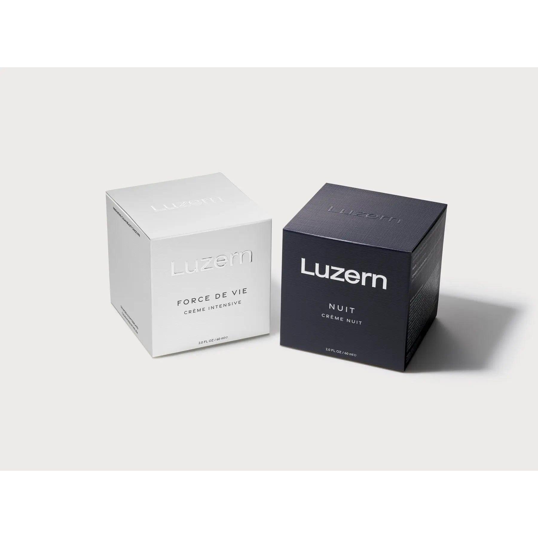 Luzern Night Crème Nuit and Force de Vie cream packaging, designed for skincare and hydration.