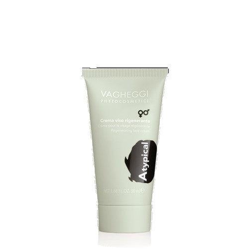Atypical regenerating face cream in a green tube, designed to restore elasticity and minimize pores. Ideal for daily use.