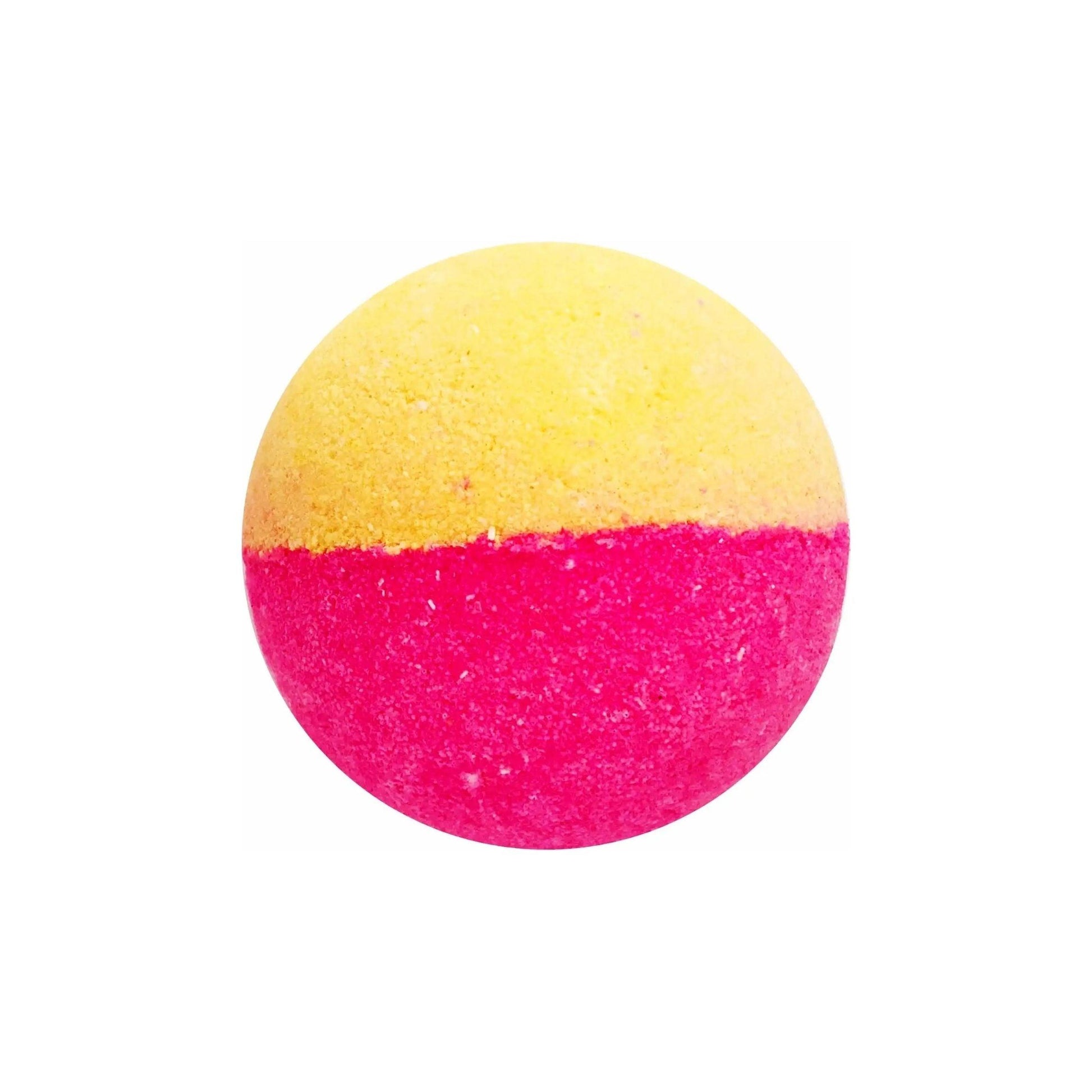 Vibrant yellow and pink Crush bath bomb, infused with melon and cucumber for a refreshing bathing experience.
