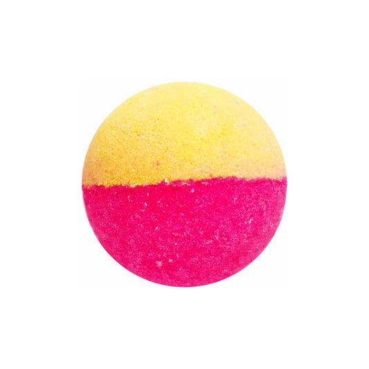 Vibrant yellow and pink Crush bath bomb, infused with melon and cucumber for a refreshing bathing experience.