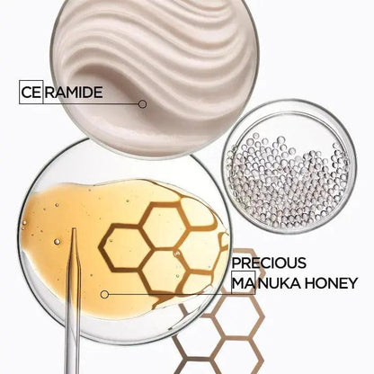 Ceramide-infused cream and precious Manuka honey in petri dishes showcasing nourishing hair care ingredients.