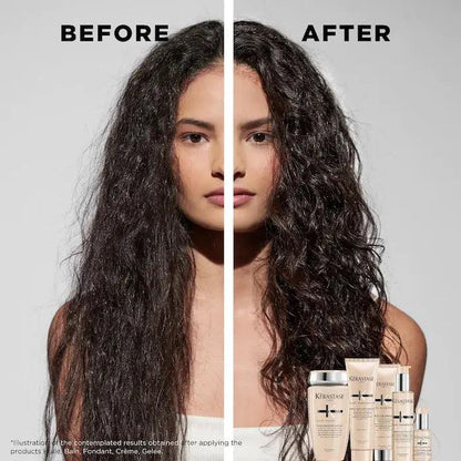 Before and after transformation showing defined curls using Kérastase Curl Manifesto products.