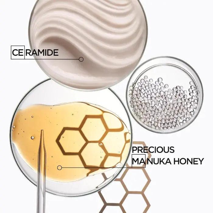 Ingredients of Kérastase Curl Manifesto: ceramide cream and precious manuka honey for hair hydration and definition.