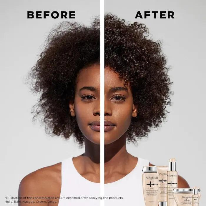 Before and after results of using Curl Manifesto Masque Beurre Haute Nutrition on curly hair, showcasing enhanced shine and moisture.